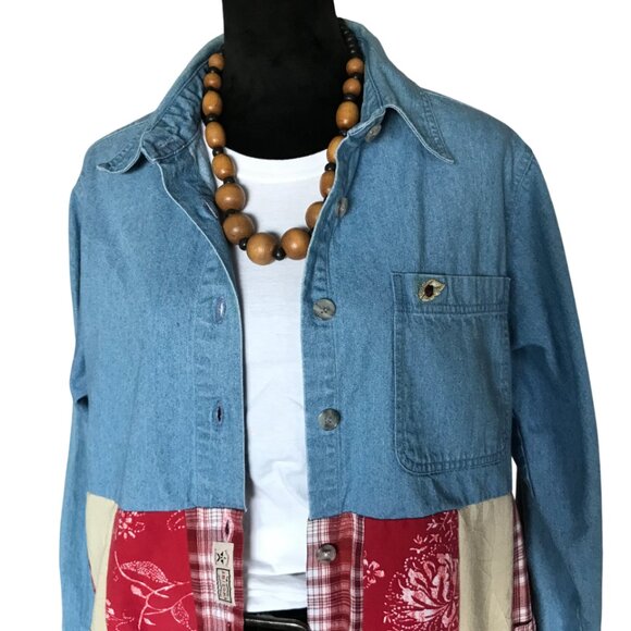 Patchwork Duster, Size L: Upcycled Button-Down Boho Jacket Dress, Lady Bugs - Picture 7 of 13